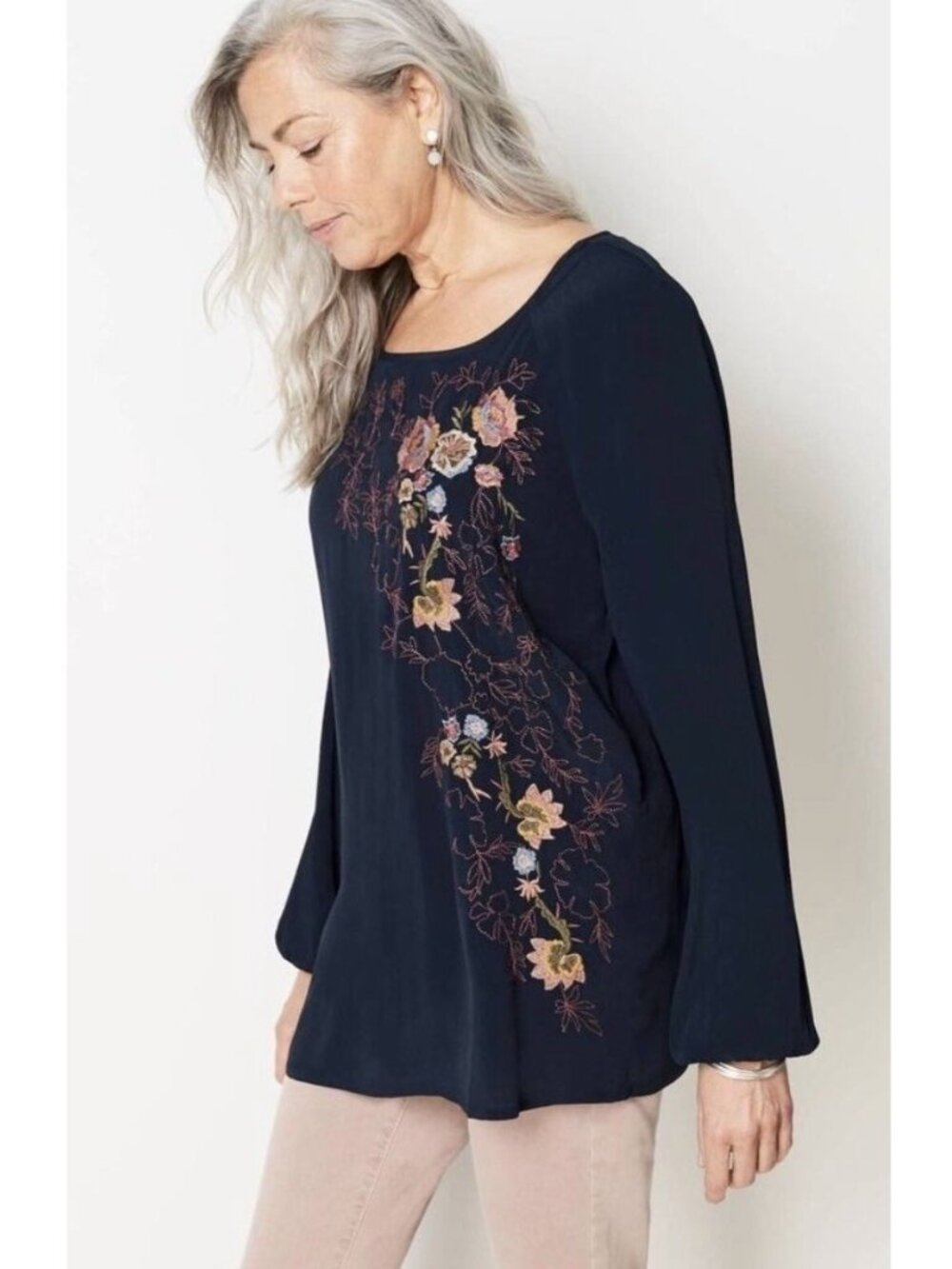 J. Jill Top Size Large Petite Navy Blue Floral Embroidered  Long Sleeve Blouse